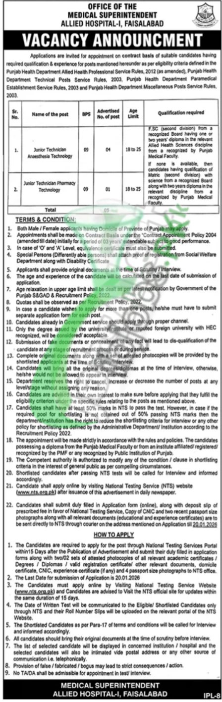 Allied Hospital Faisalabad Jobs 2026 announcement for Junior Technician positions