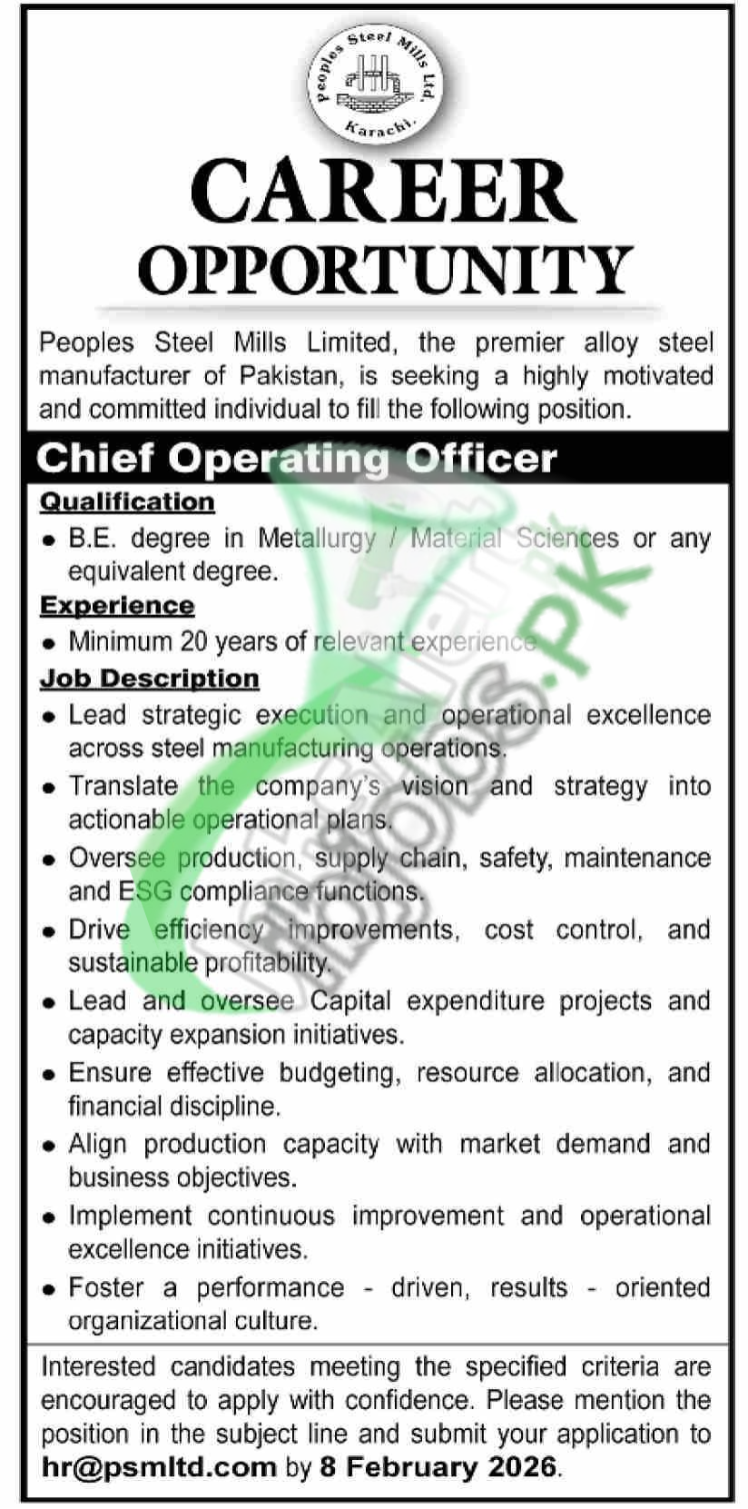 PSMLTD Jobs 2026 Online Apply – Peoples Steel Mills Limited Career Opportunities