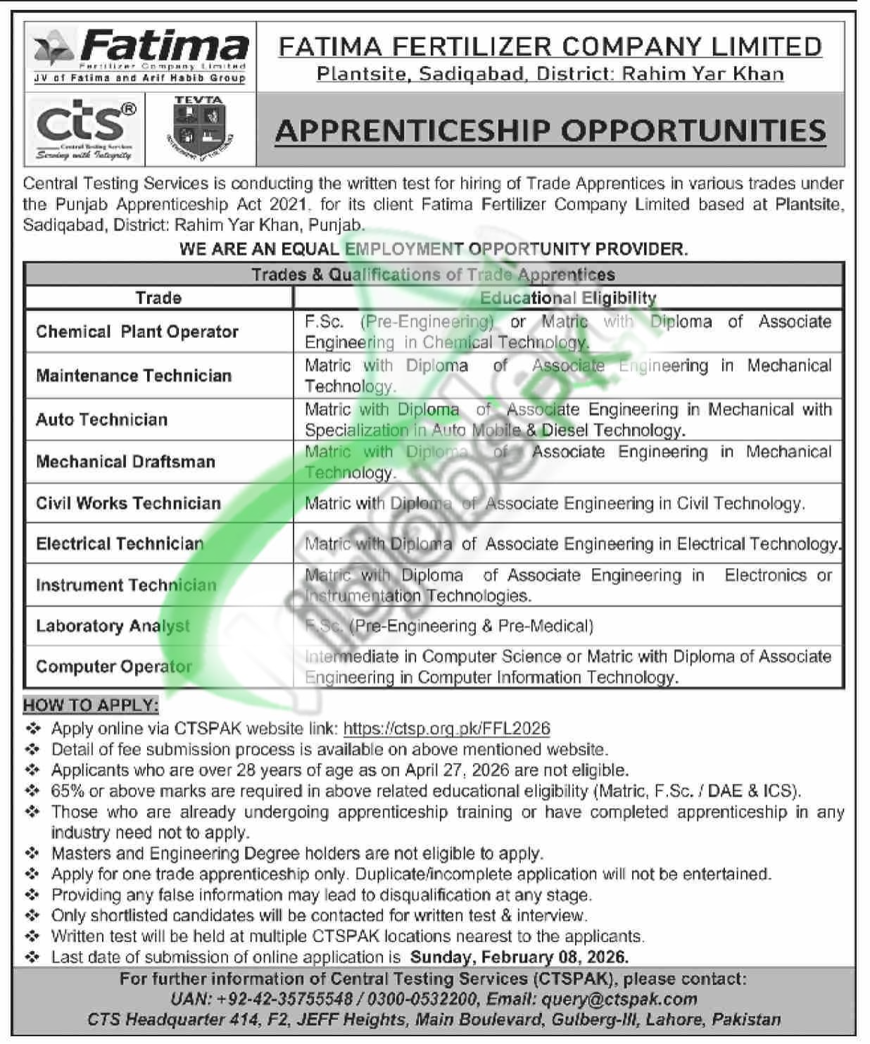 Fatima Fertilizer Apprenticeship 2026 Apply Online | CTSPAK Latest Jobs in Pakistan