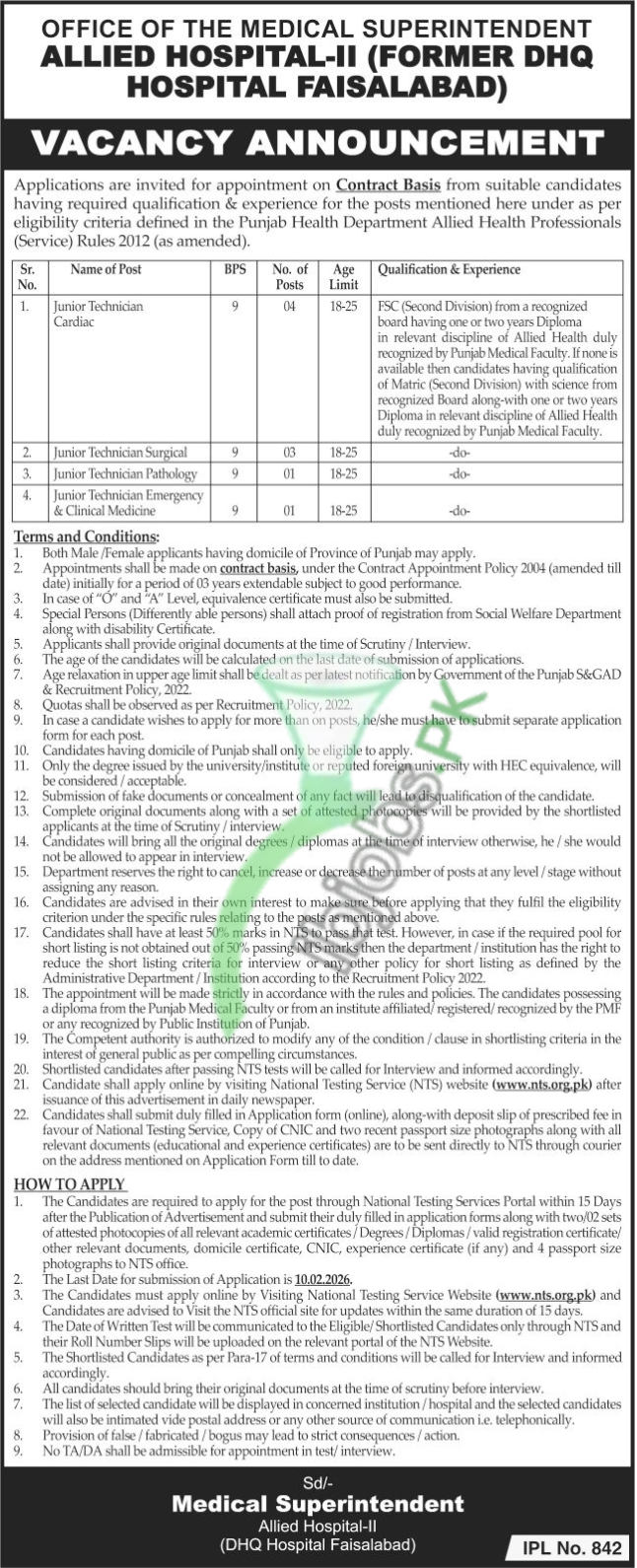 NTS Apply Allied Hospital Faisalabad Jobs 2026 – Latest BPS-09 Junior Technician Vacancies