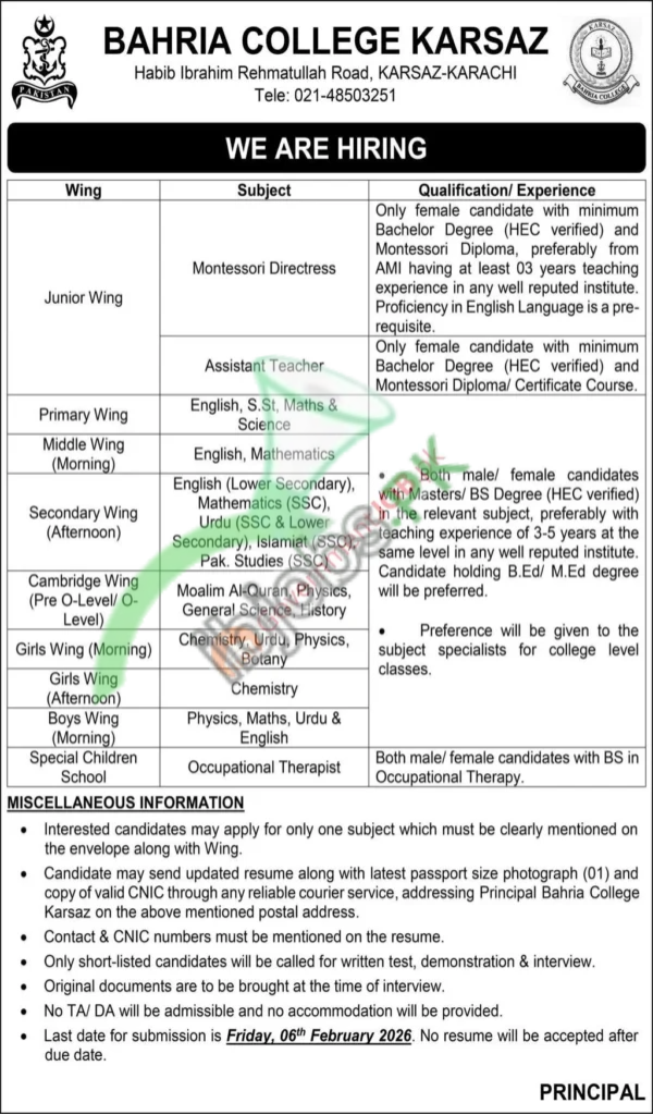 Bahria College Karsaz Jobs 2026 Karachi – Apply Online for Latest Teaching Vacancies