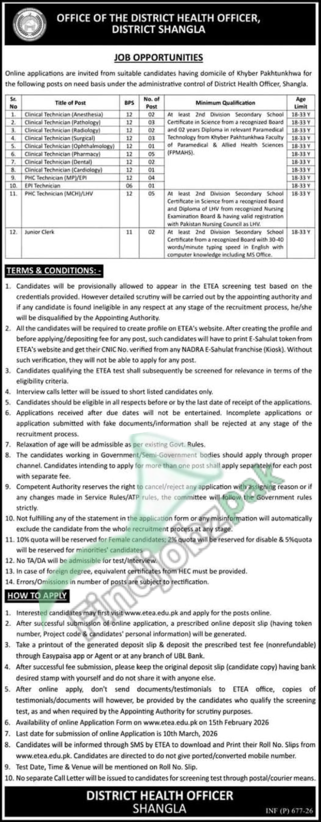 Join District Health Officer Shangla Jobs 2026 – Online Apply via ETEA