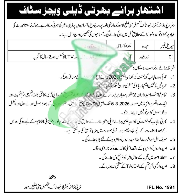 Livestock Department Punjab Application Form 2026 – Driver Jobs in Lahore