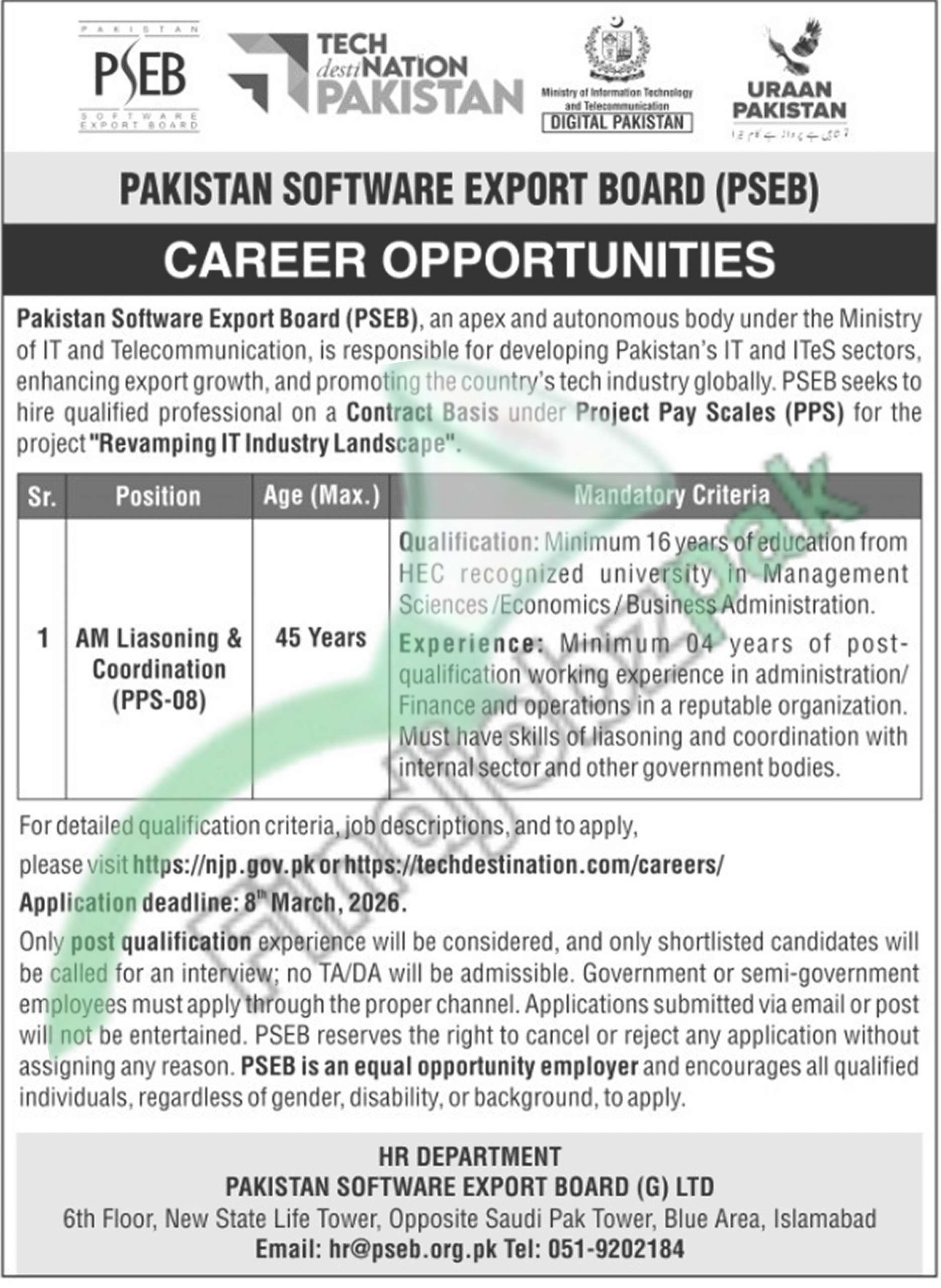 AM Liaisoning & Coordination Jobs 2026 – Pakistan Software Export Board (PSEB)