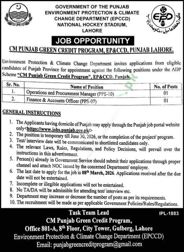 Environment Protection and Climate Change Department Punjab Jobs 2026 – Apply Online