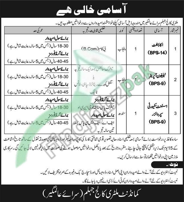 Military College Jhelum Jobs 2026 – Driver Vacancy in Sarai Alamgir (Latest Advertisement)