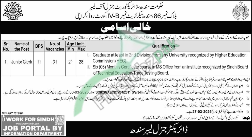 Directorate of Labour Government of Sindh Jobs 2026 Online Apply – Latest Labour Department Sindh Jobs