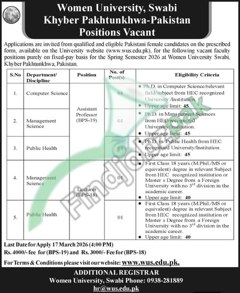 Women University Swabi Jobs 2026 – Apply Online for Assistant Professor & Lecturer | wus.edu.pk