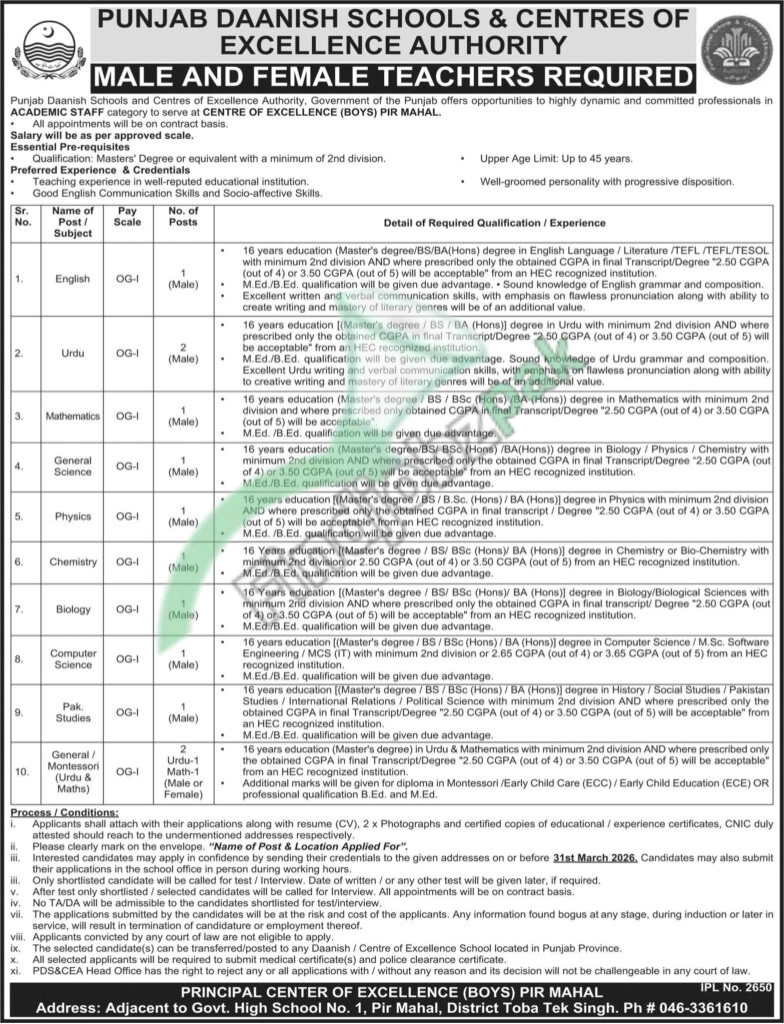 Punjab Daanish School Center of Excellence (Boys) Pir Mahal Jobs 2026 – Apply Online