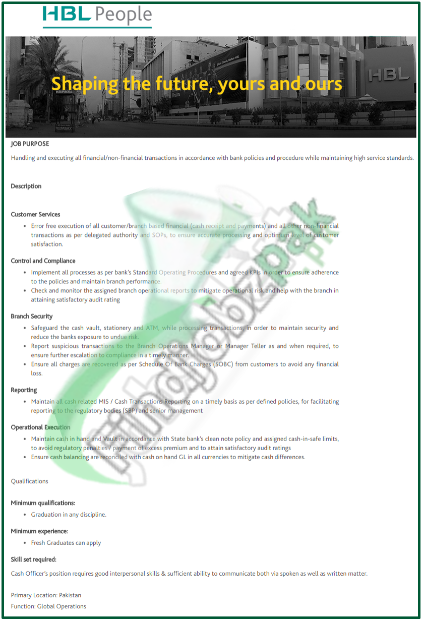 HBL Cash Officer Jobs 2026 in Pakistan – Apply Online for 200+ Cashier & Teller Vacancies