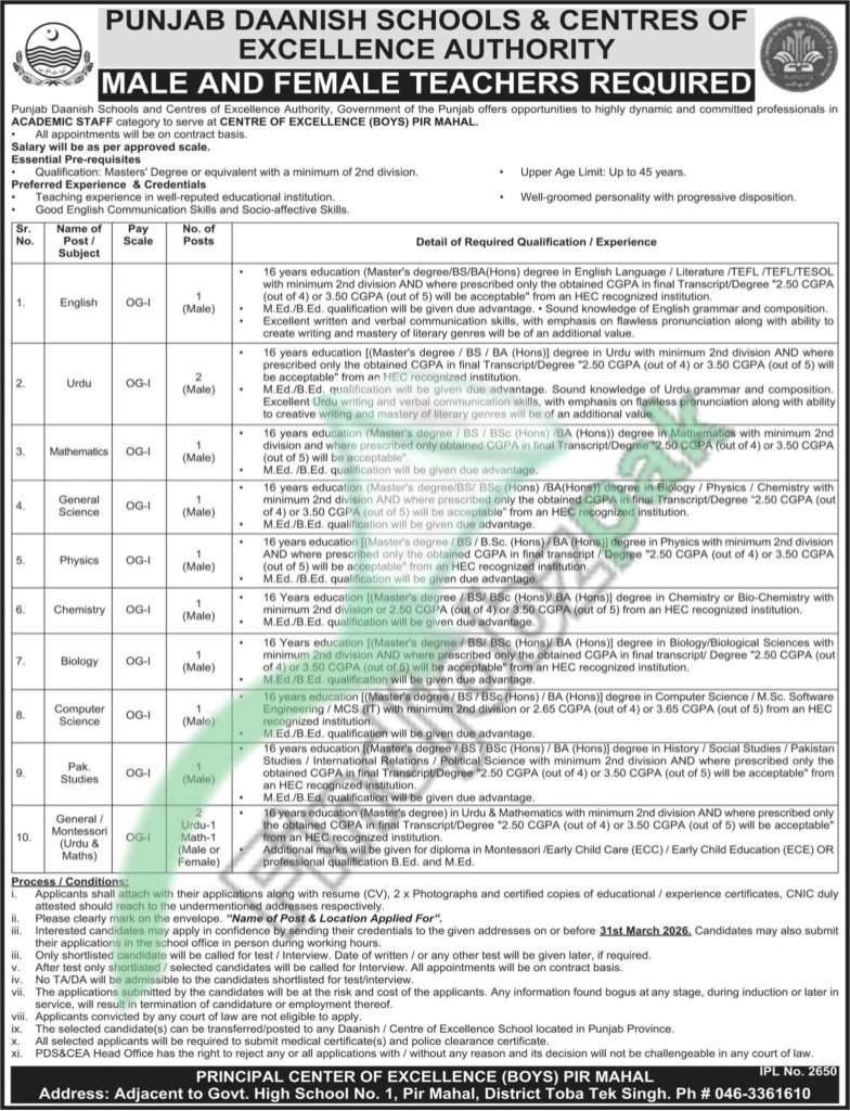 Punjab Daanish School Pir Mahal Jobs 2026 – Apply Online for Teaching Staff in Toba Tek Singh
