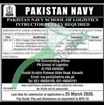 Pak Navy Civilian Instructor Jobs 2026 – Latest PNS Karsaz Karachi Vacancies