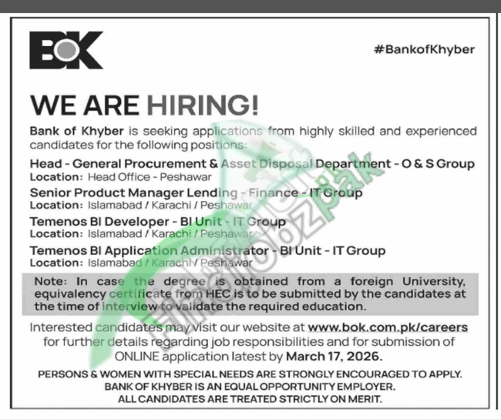 Bank of Khyber BOK Jobs 2026 – Online Apply at www.bok.com.pk